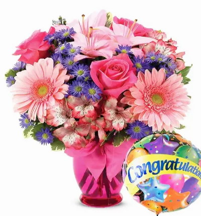 * Pink Daisies & Alstroemeria
* Pink Asiatic Lilies
* Purple Monte Casino
* Pink Vase with Ribbon
* Congratulations Balloon