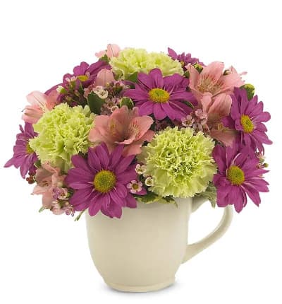 * Pink Alstroemeria
* Purple Daisy Poms
* Green Carnations
* Pink Waxflower
* Reusable Mug
