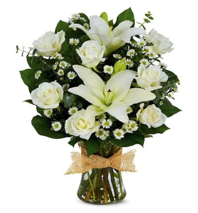 * White Roses
* White Asiatic Lilies
* Monte Casino
* Gathering Vase