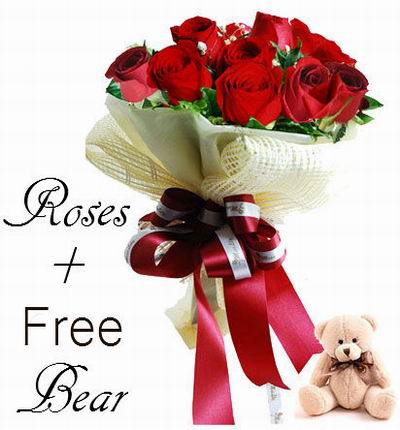 12 Red Roses + 10cm Mini Bear
