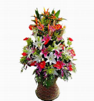 Flower Stand of Lilies, Orchids, Anthuriums with large leaves (Substitutions may apply if a flower item is unavailable)