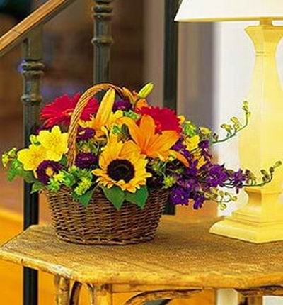 1 Sunflower, 1 Lily, 2 Carnations, Montecasions, Freeasia, Orchids and fillers in basket
